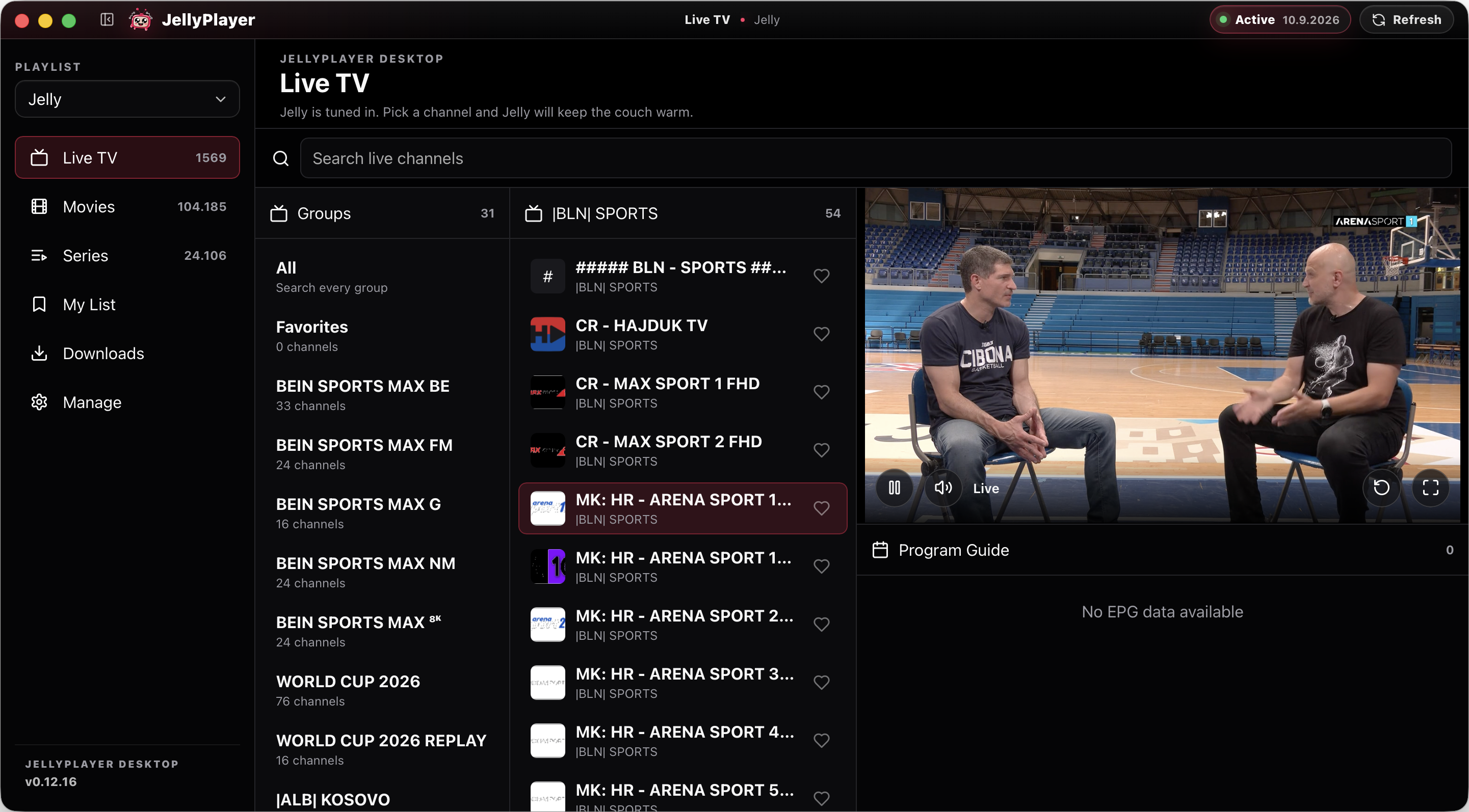 JellyPlayer desktop showing live TV groups, channel list, video playback, and program guide