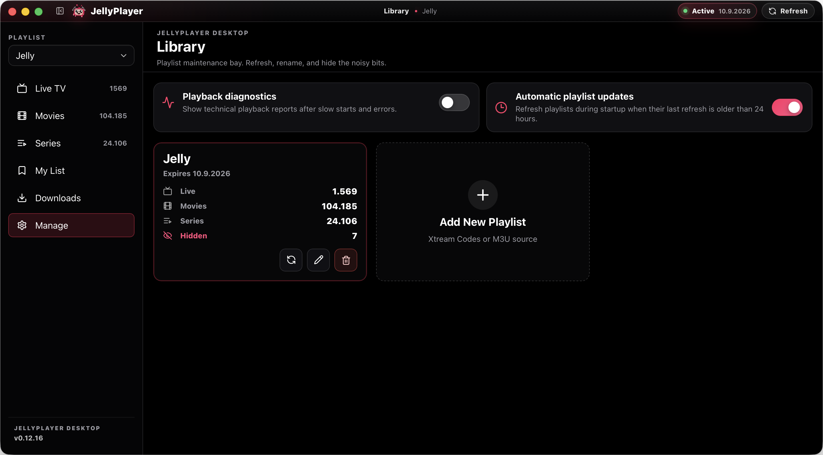 JellyPlayer desktop manage screen with playlist maintenance and automatic updates