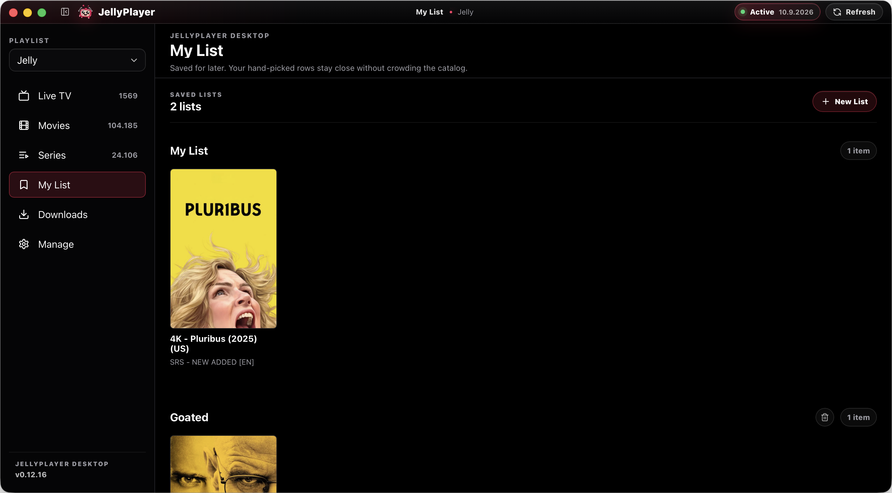 JellyPlayer desktop showing saved lists and favorite series posters