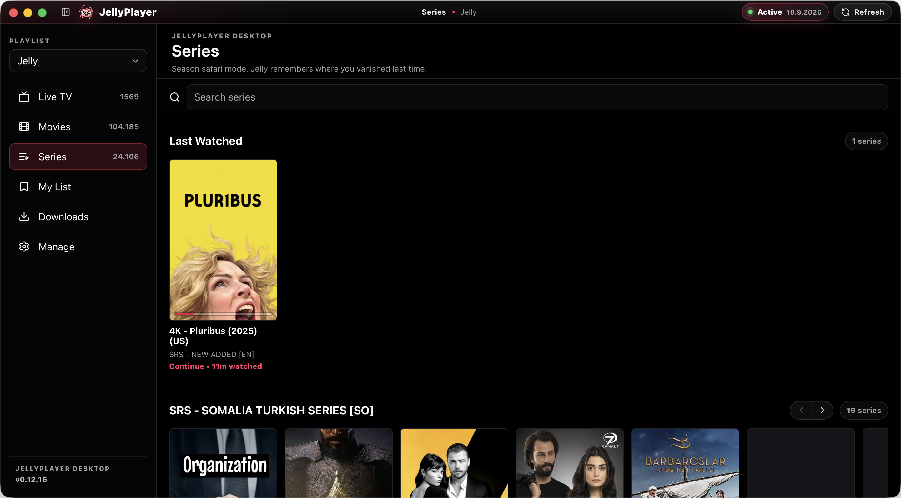 JellyPlayer desktop showing the series library with last watched and poster rows