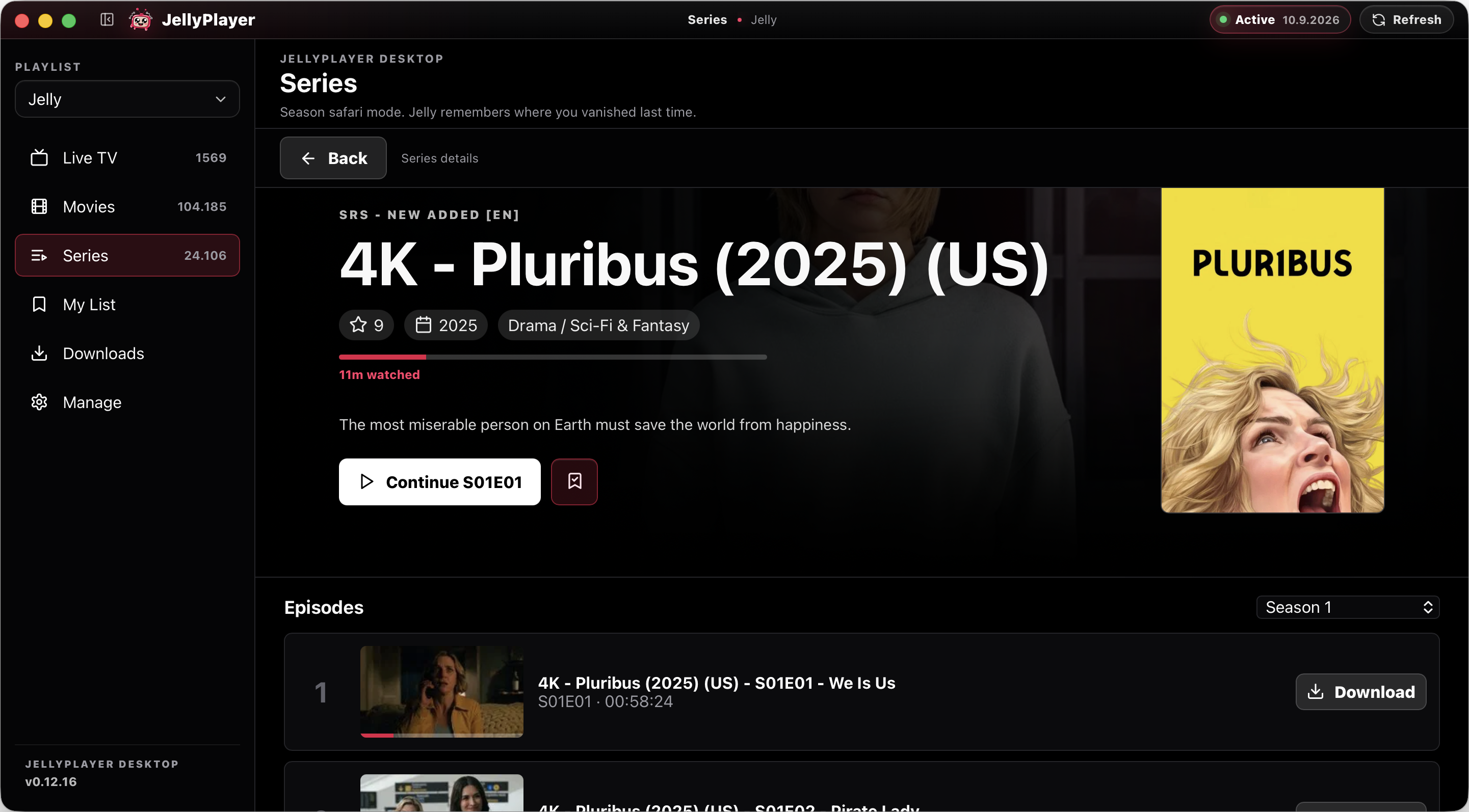 JellyPlayer desktop showing a series detail page with watch progress and episode download action