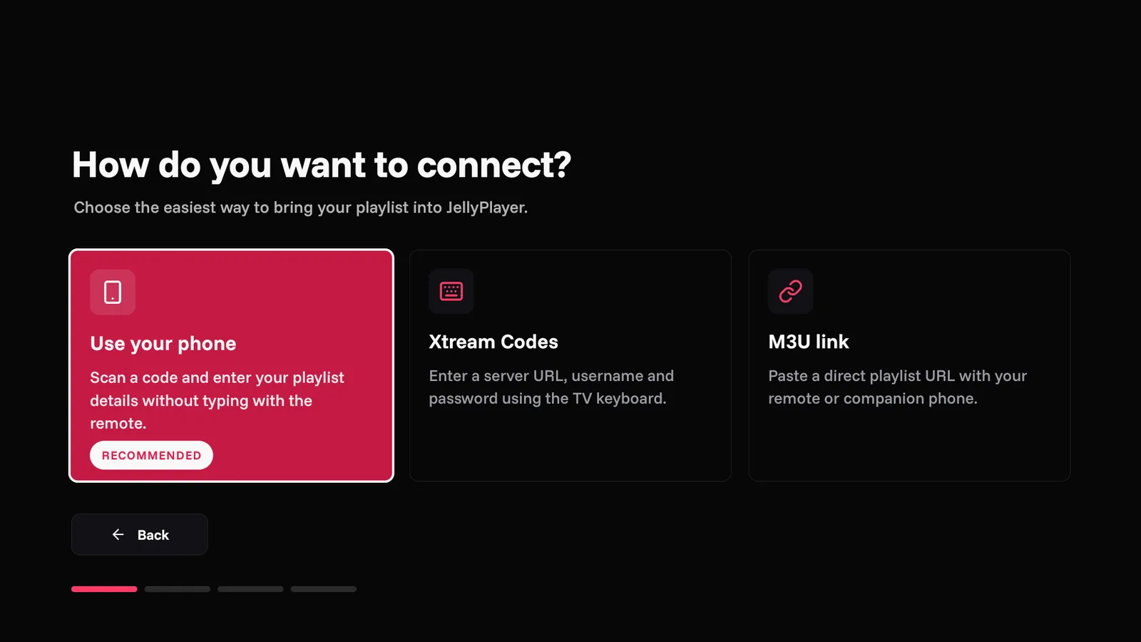 JellyPlayer TV playlist connection choices