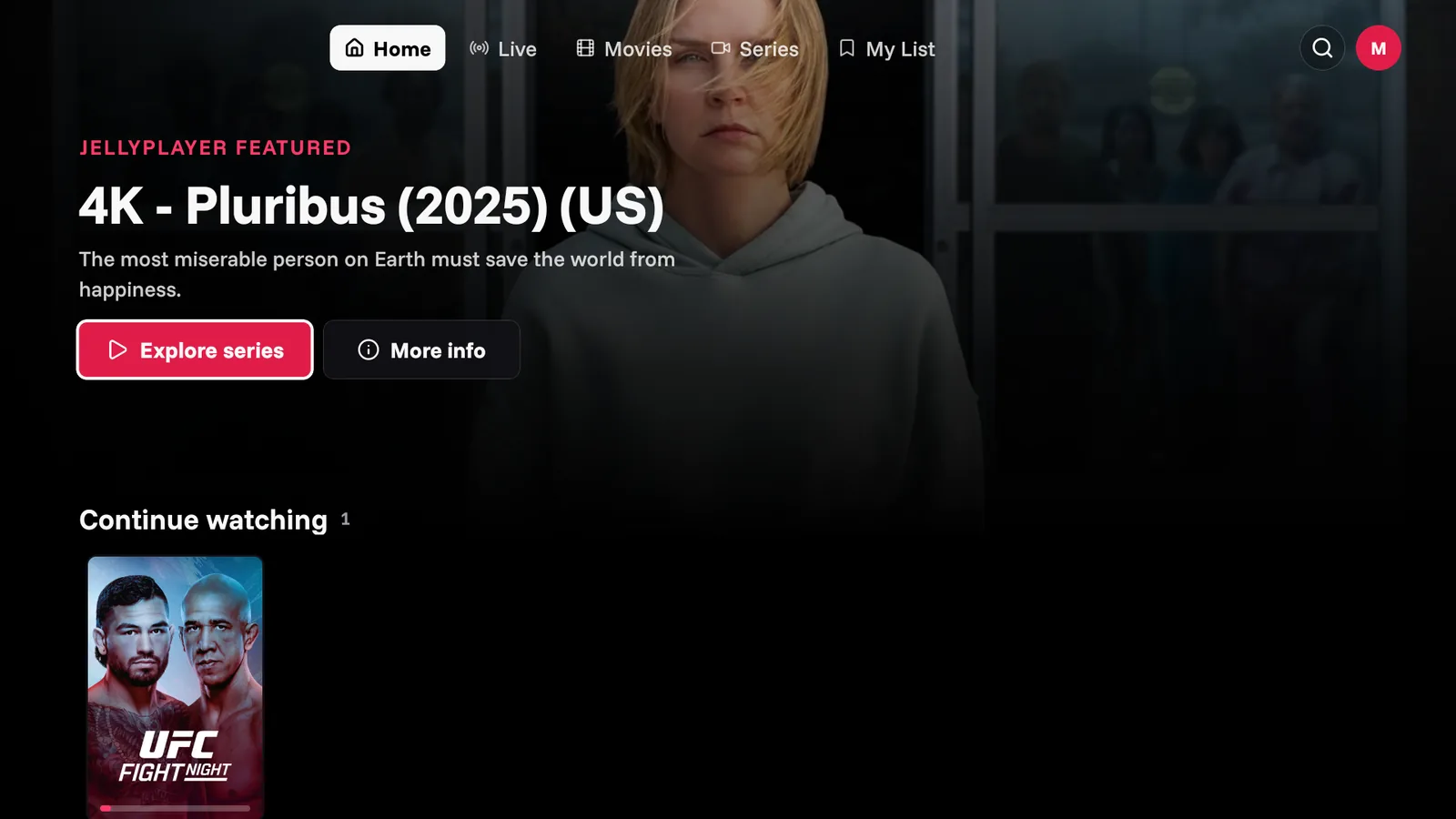 JellyPlayer TV home screen with featured series and continue watching