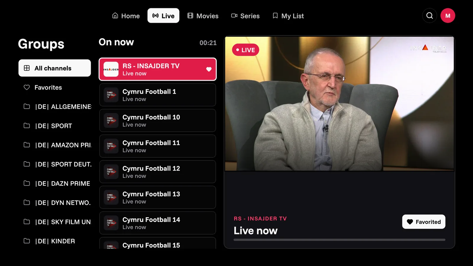 JellyPlayer TV live channel browser with playing preview